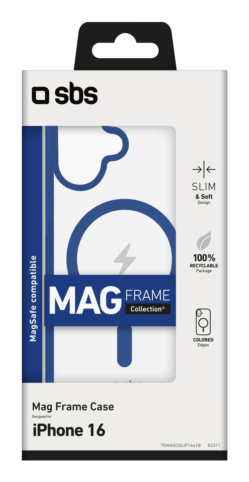 Verpackung eines SBS Mag Frame Cases für iPhone 16, zeigt ein weiß-blaues MagSafe-kompatibles Handyhülle mit den Symbolen „Slim & Soft