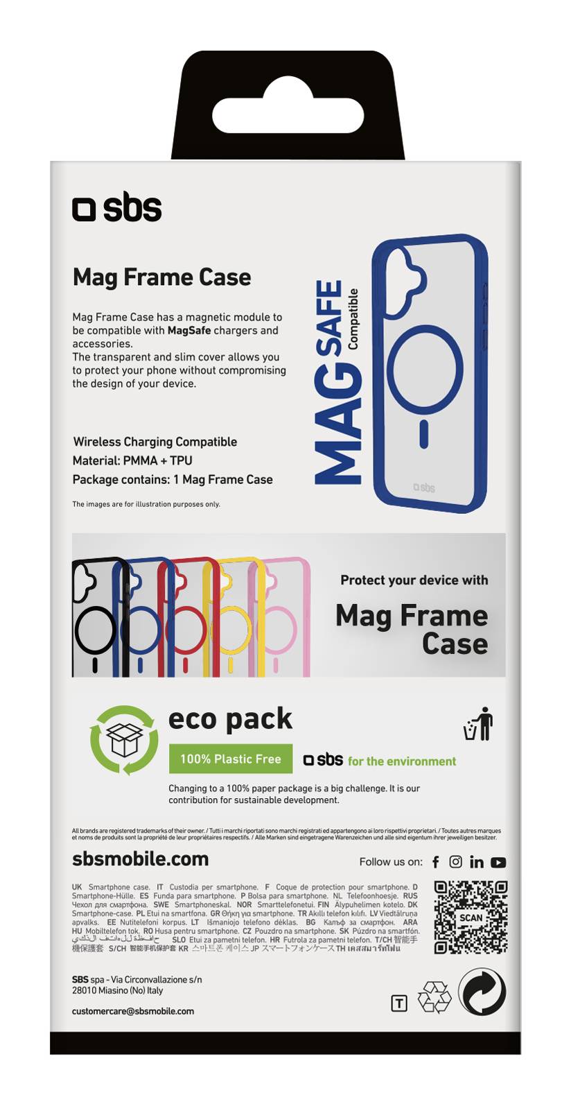 Verpackung für SBS Mag Frame Case mit blauem Handyhüllen-Design, „MAG SAFE
