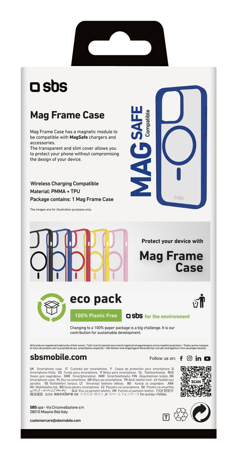 Einzelhandelsverpackung für SBS Mag Frame Case, ein MagSafe-kompatibles transparentes Smartphone-Case, gezeigt mit Produktabbildung, Öko-Pack-Label und mehrsprachiger Branding.