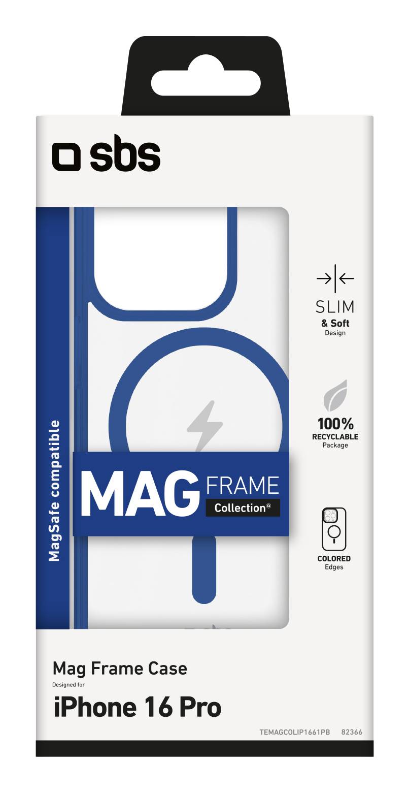 Verpackung für ein SBS Mag Frame Gehäuse für iPhone 16 Pro, mit MagSafe-Kompatibilität, schlank und weich, 100% recycelbare Verpackung und farbigen Kanten.