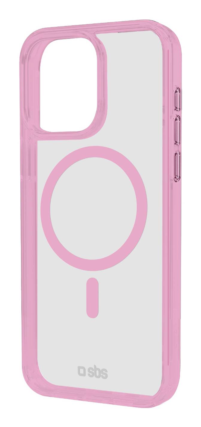 Rosa Smartphone-Hülle mit einem großen ringförmigen Magneten im MagSafe-Stil und Kameraausschnitt, von der Rückseite gezeigt.