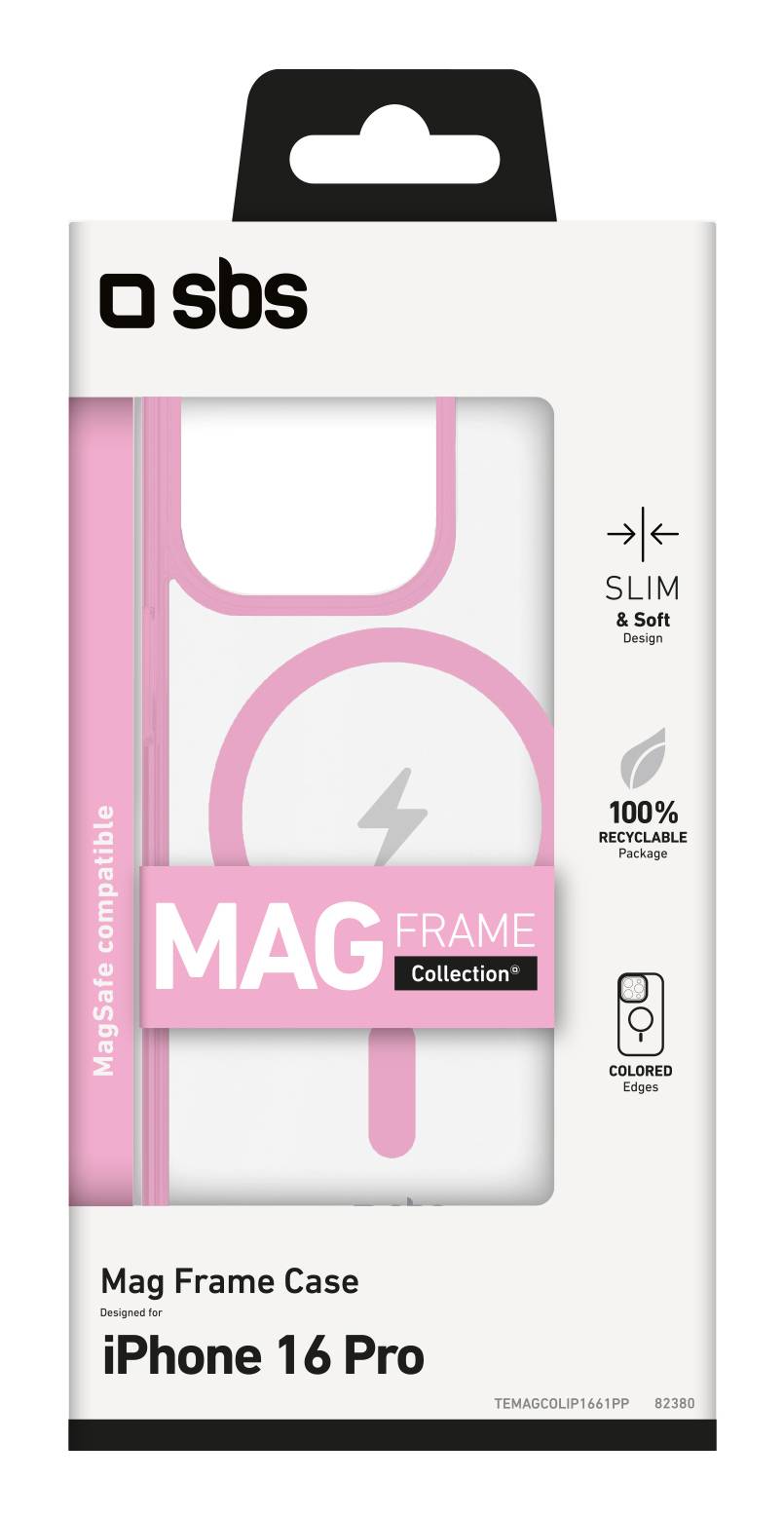 Verpackung für ein SBS Mag Frame Case für iPhone 16 Pro, rosa MagSafe-kompatibles schlankes weiches Design, 100% recycelbare Verpackung.