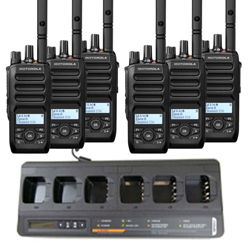 Motorola R5 Set aus 6 Handfunkgeräten UHF LKP - Antenne Akku Mehrfachladegerät MDH07RDH9WA1AN