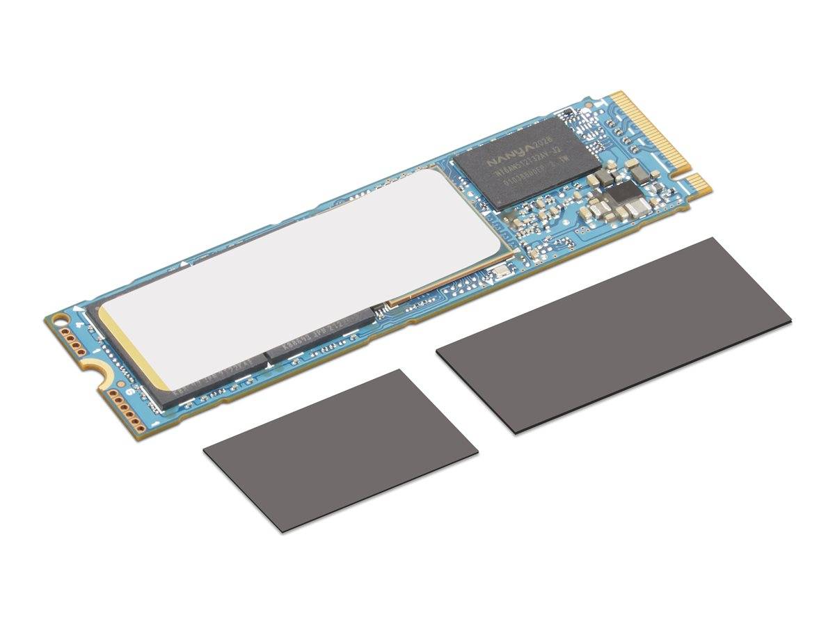 M.2-Solid-State-Drive-Leiterplatte mit zwei separaten schwarzen Wärmepads, die darunter auf weißem Hintergrund gezeigt werden.