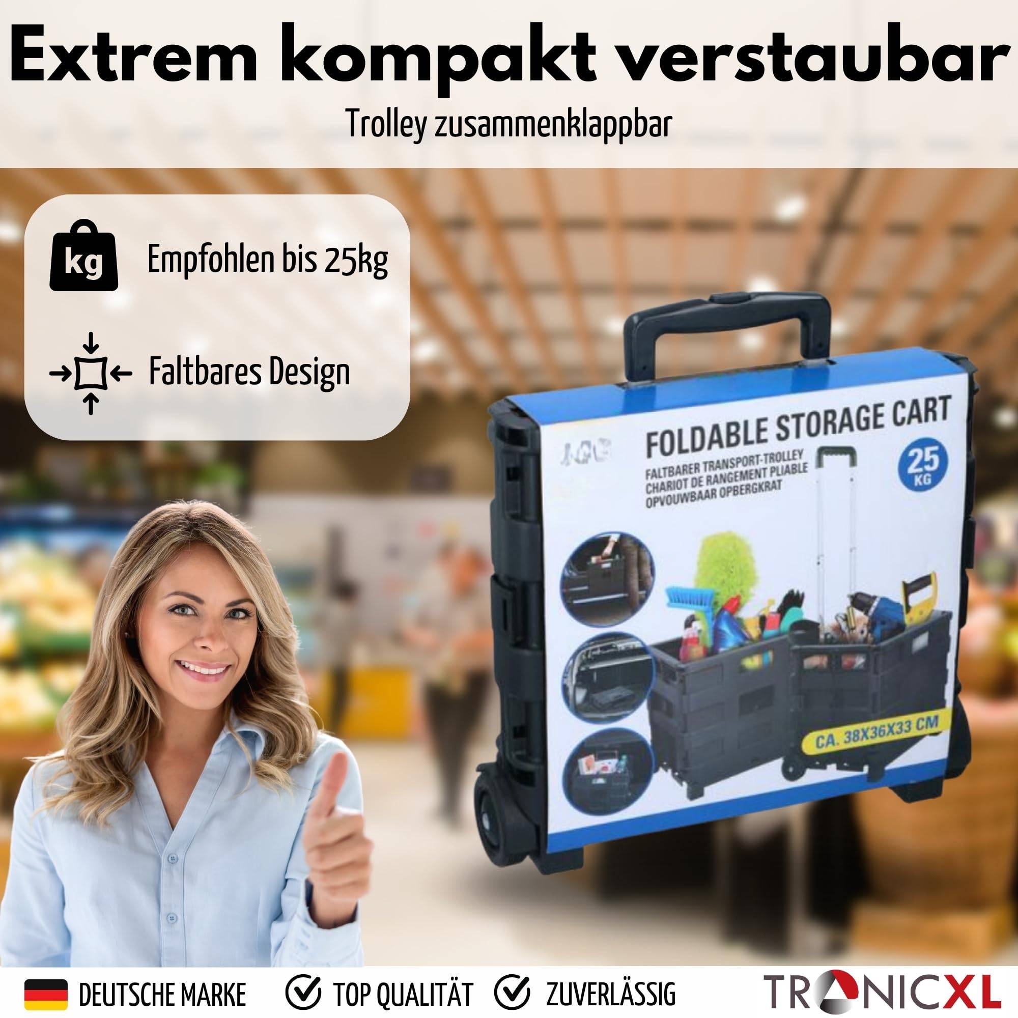 Einkaufstrolley mit Box Kiste faltbar Trolley mit Teleskopgriff klappbar Shopping Bag