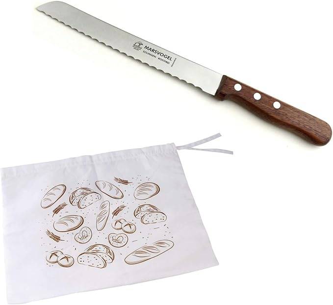Marsvogel | Brotmesser Starter Set - Bubingaholzgriff | inklusive Baumwoll-Brotbeutel | Wellenschliff aus Solingen | ideal für frisches Brot
