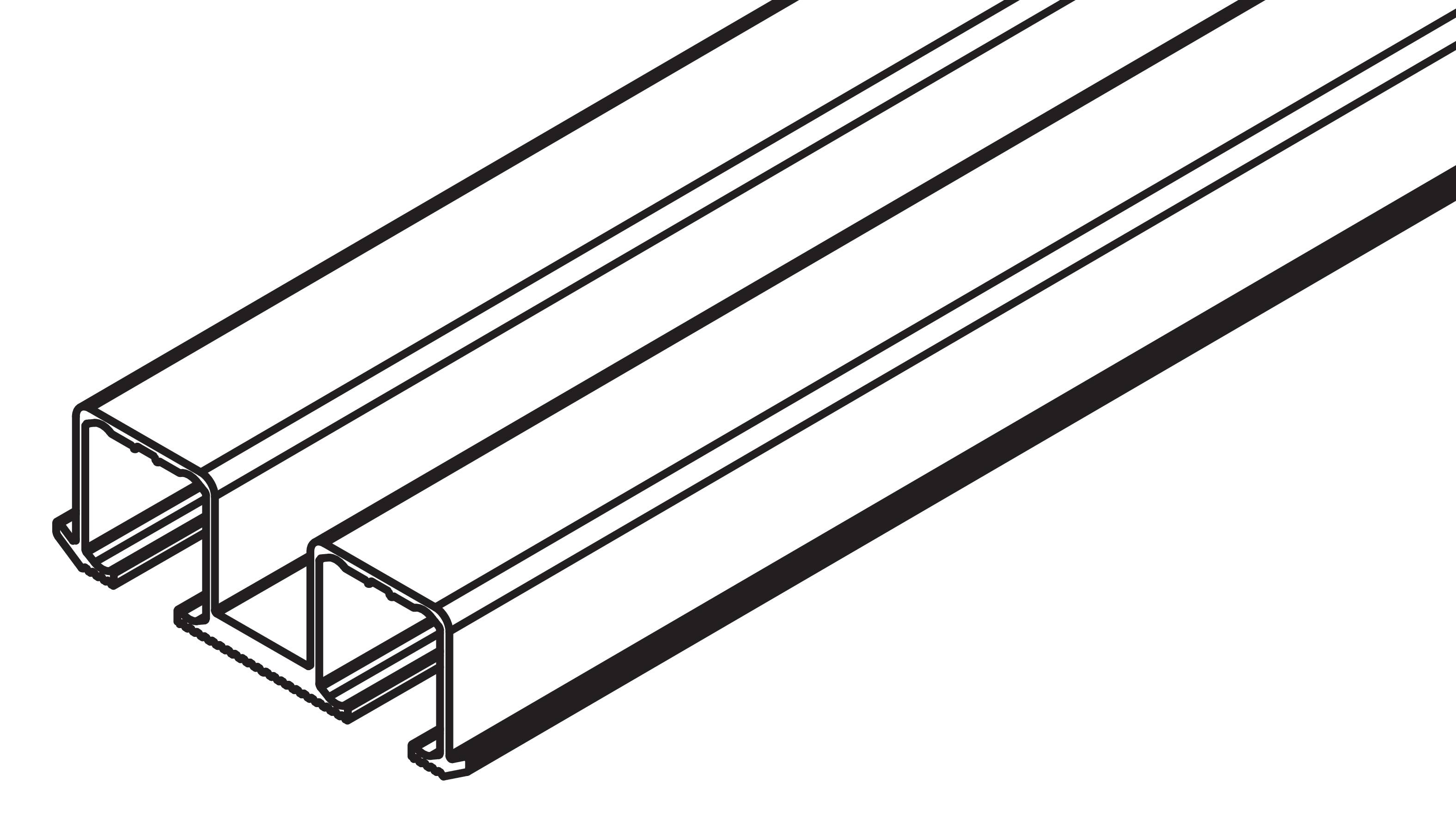 Technische Linienzeichnung eines U-förmigen Metallkanals oder einer Schiene in Perspektivdarstellung, die ein langes extrudiertes Profil mit zwei offenen Enden zeigt.