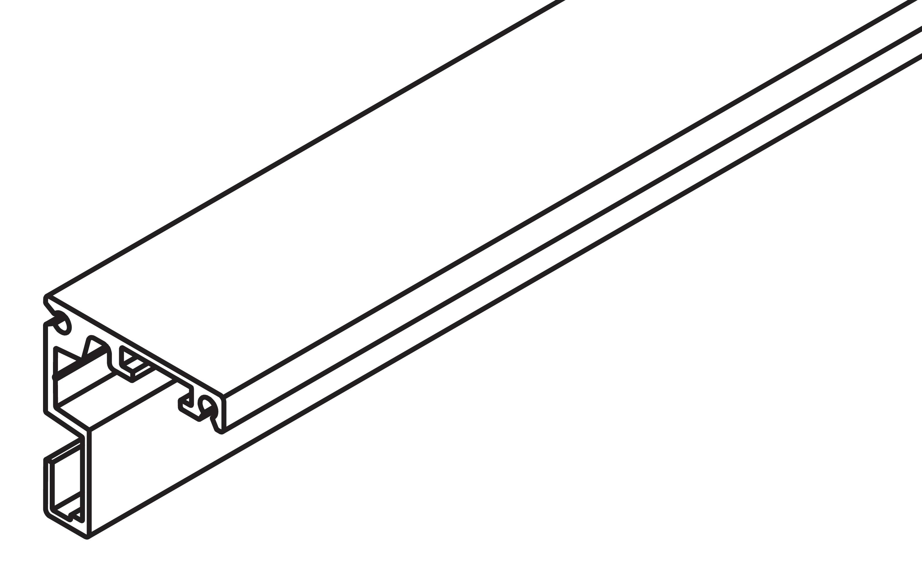 Linienzeichnung eines langen Aluminium-Extrusionsprofils mit T-Nut-Kanal und hohlem Inneren, in Perspektivansicht auf weißem Hintergrund.