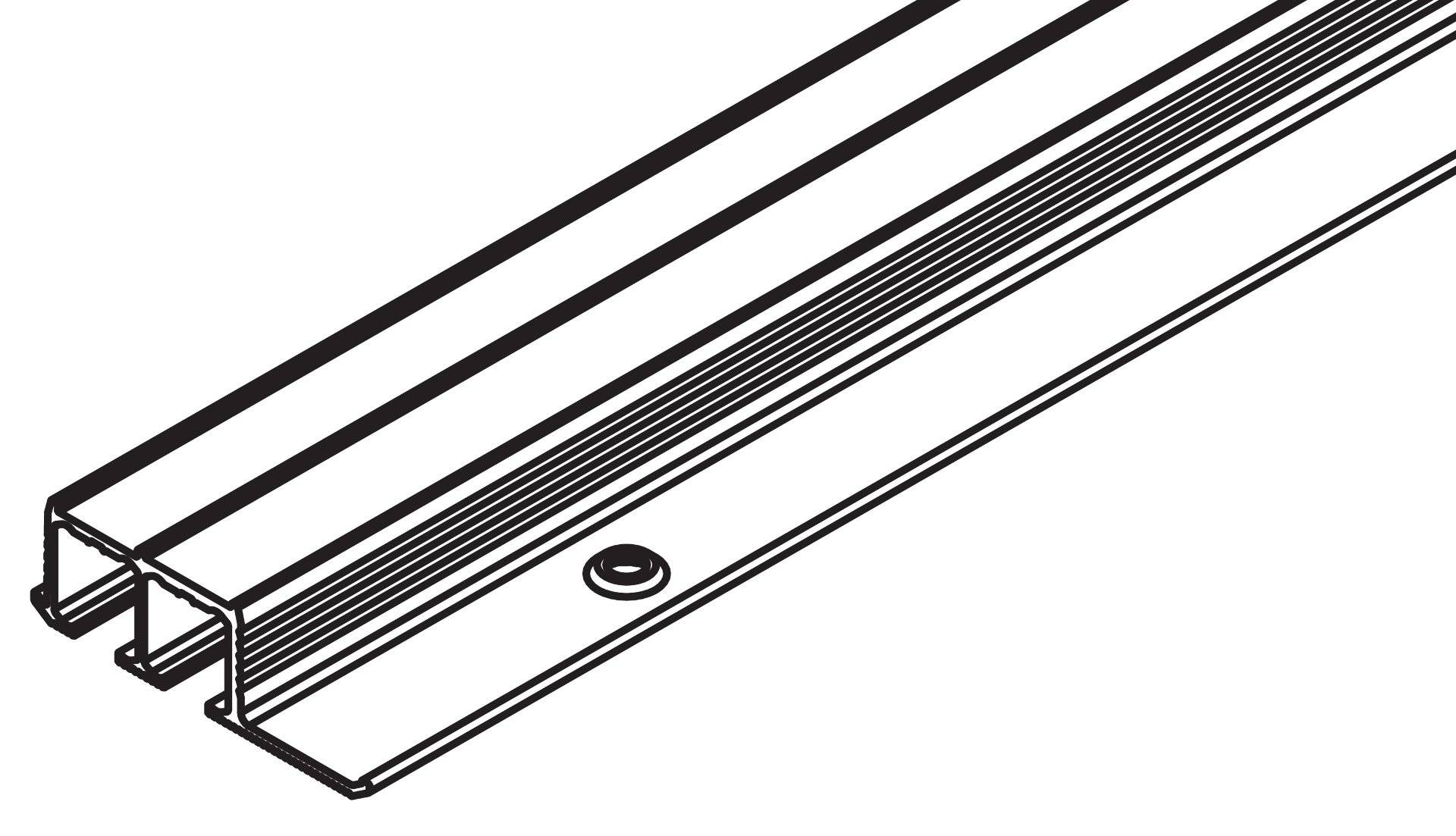 Eine Illustration einer geraden Metallschiene mit einer Schraube, wahrscheinlich Teil eines Schiebetürmechanismus oder Schienensystems.