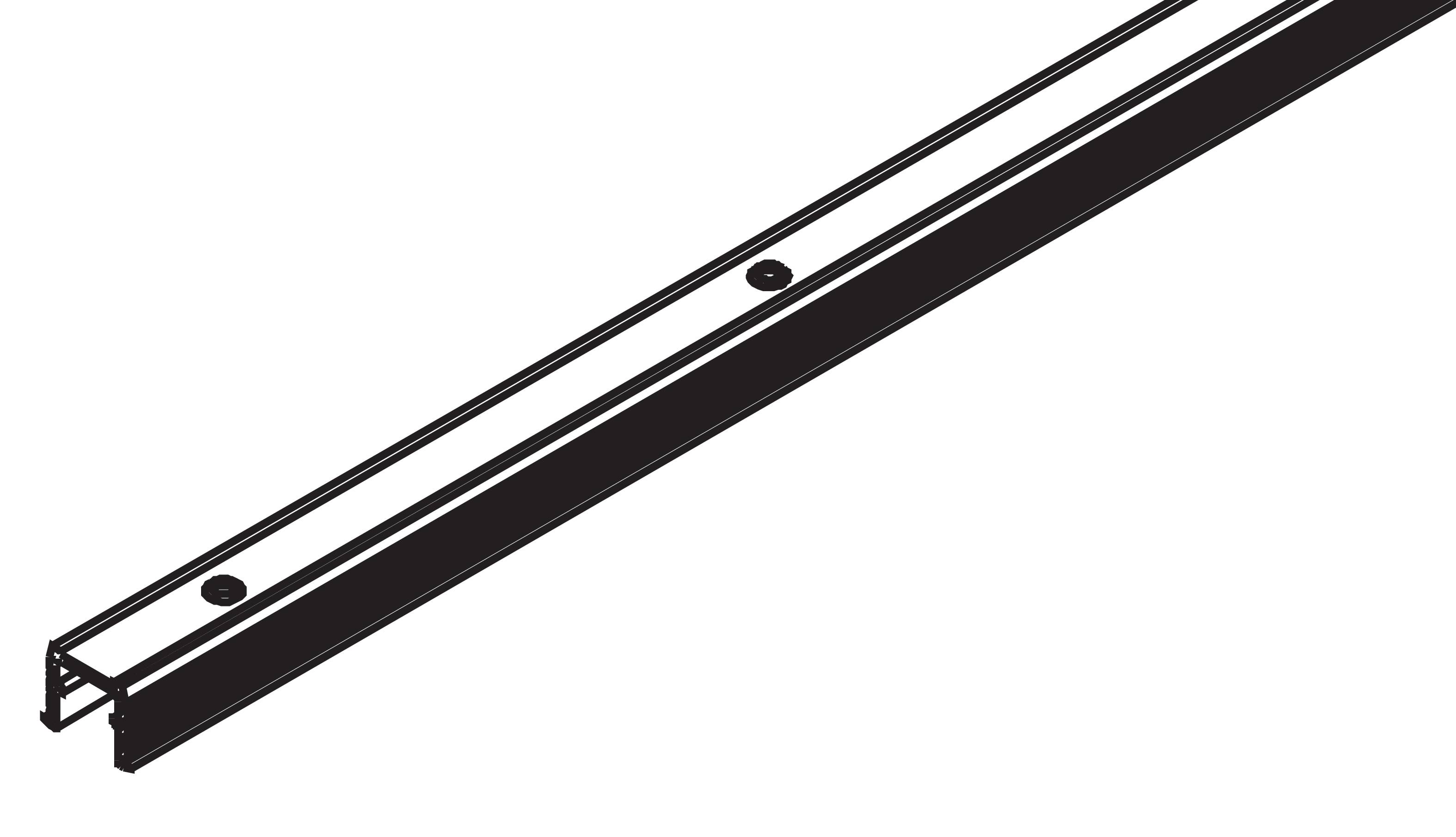 Lange schwarze Metallschiene oder Gleis, diagonal auf weißem Hintergrund gezeigt, mit zwei runden Befestigungslöchern und einer Halterung mit hakenförmigem Ende.