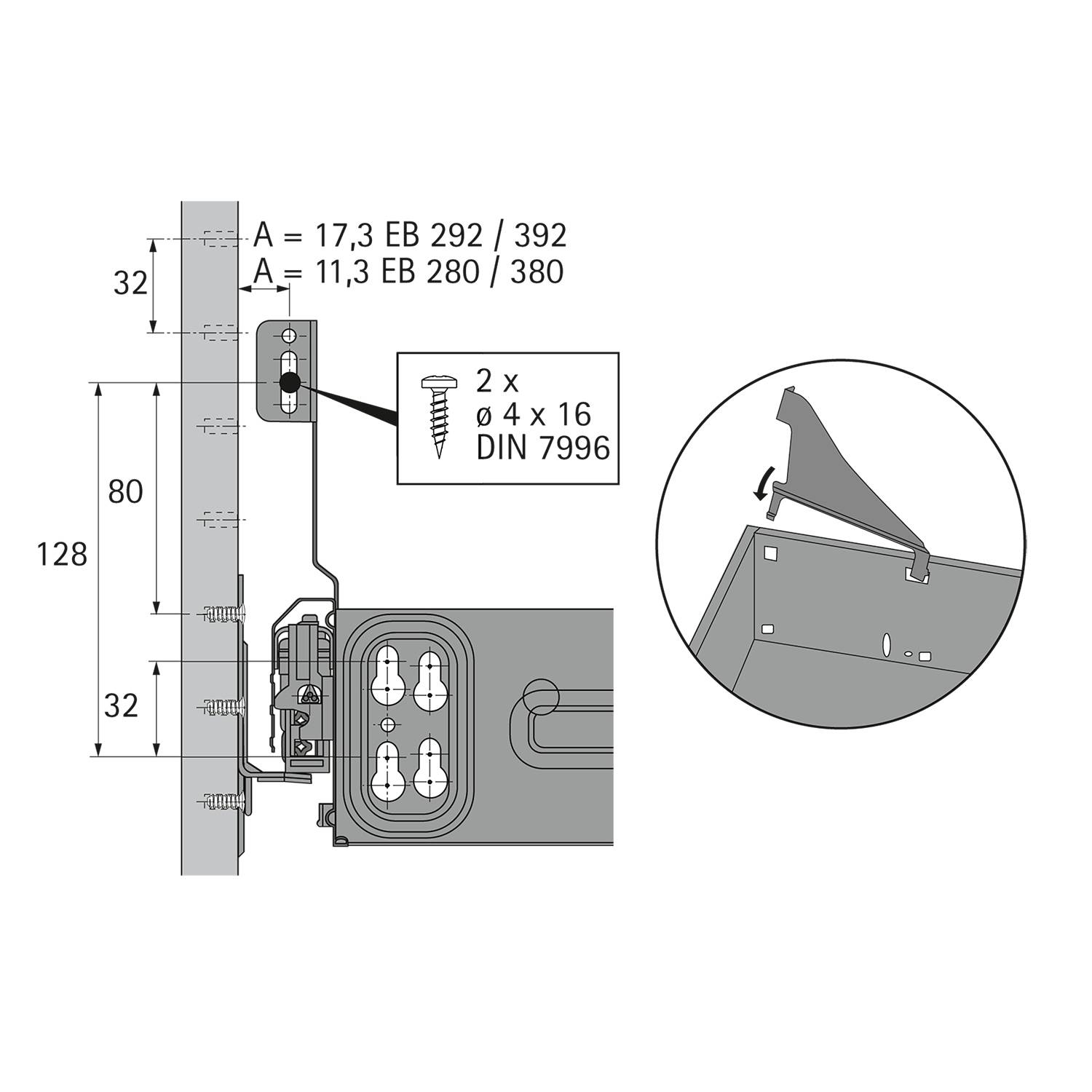 Diagramm zur Wandhalterinstallation mit Abmessungen: A = 17,3 EB 292/392, A = 11,3 EB 280/380, einschließlich Schraubendetails.