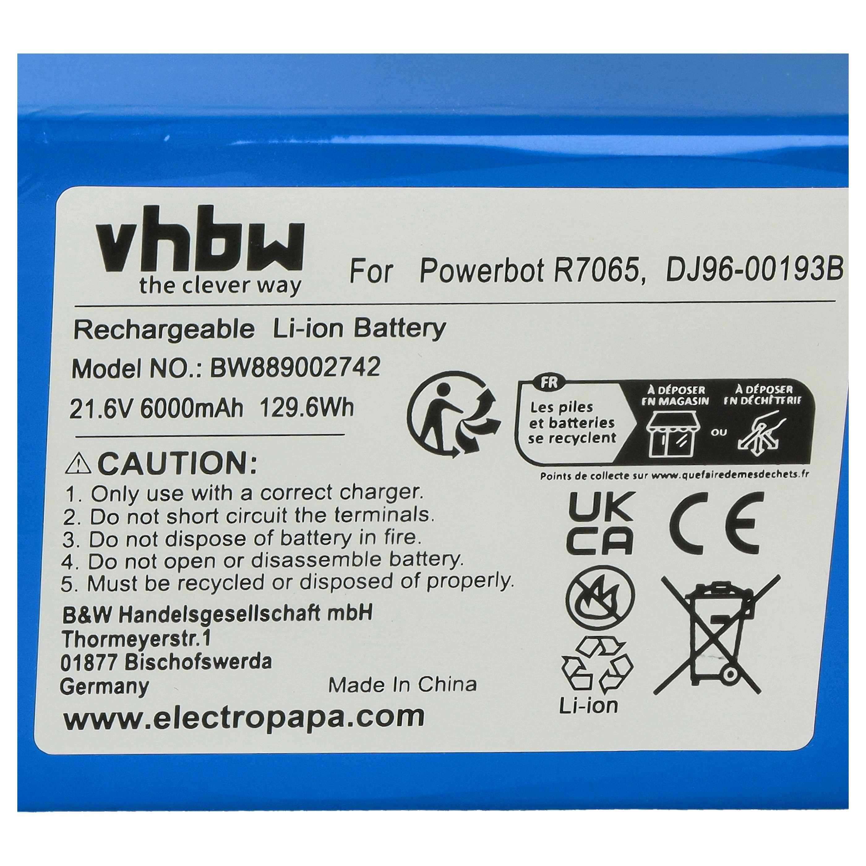 vhbw Akku kompatibel mit Samsung Powerbot VR1AM7010U5/AA, R7040, R7090, R7070, R7065 Staubsauger (6000 mAh, 21,6 V, Li-Ion, ohne Gehäuse)
