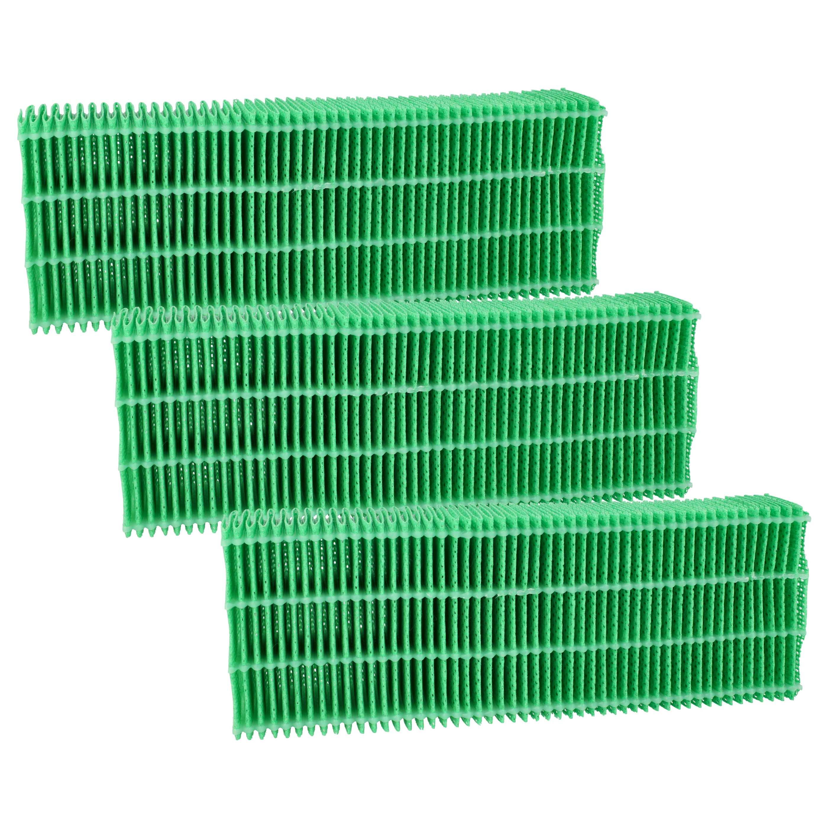 Drei grüne rechteckige Luftfilter in gestaffelter Anordnung übereinander gestapelt, mit einem Gittermuster aus Falten für verbesserte Luftzirkulation und Filterung.