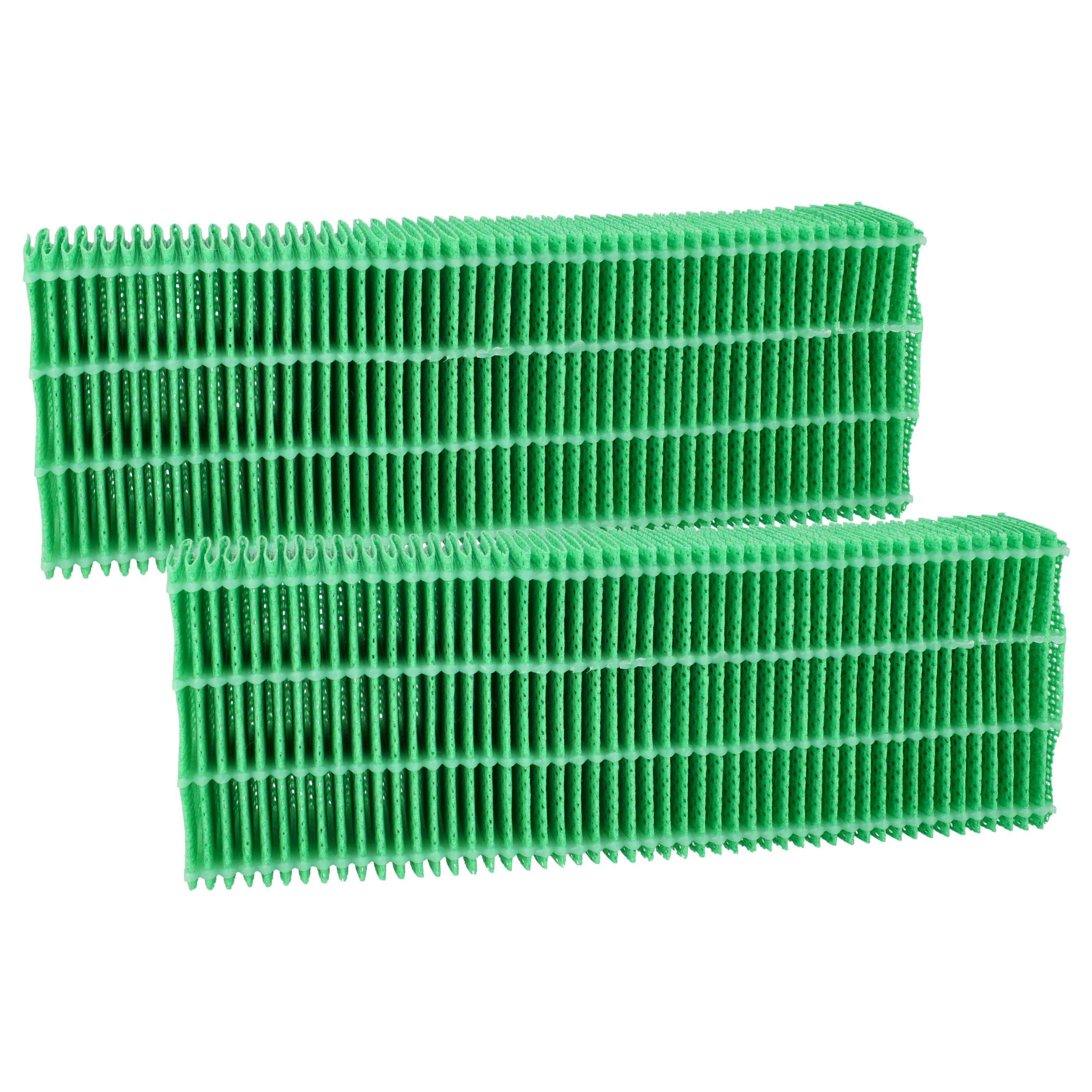 Zwei grüne Faltenluftfilter sind übereinander gestapelt. Jeder Filter hat zahlreiche Rippen und eine rechteckige Form, was auf ein Design für effiziente Luftfiltration hinweist.