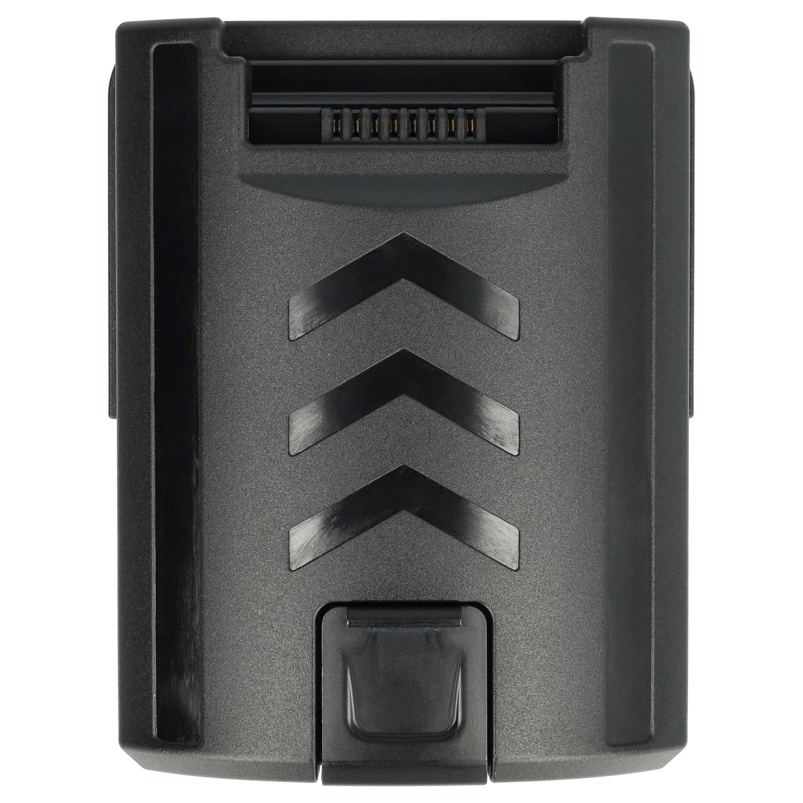 Eine schwarze Drohnenakkubatterie mit vier chevronförmigen Anzeigen und einem sichtbaren Anschluss oben.