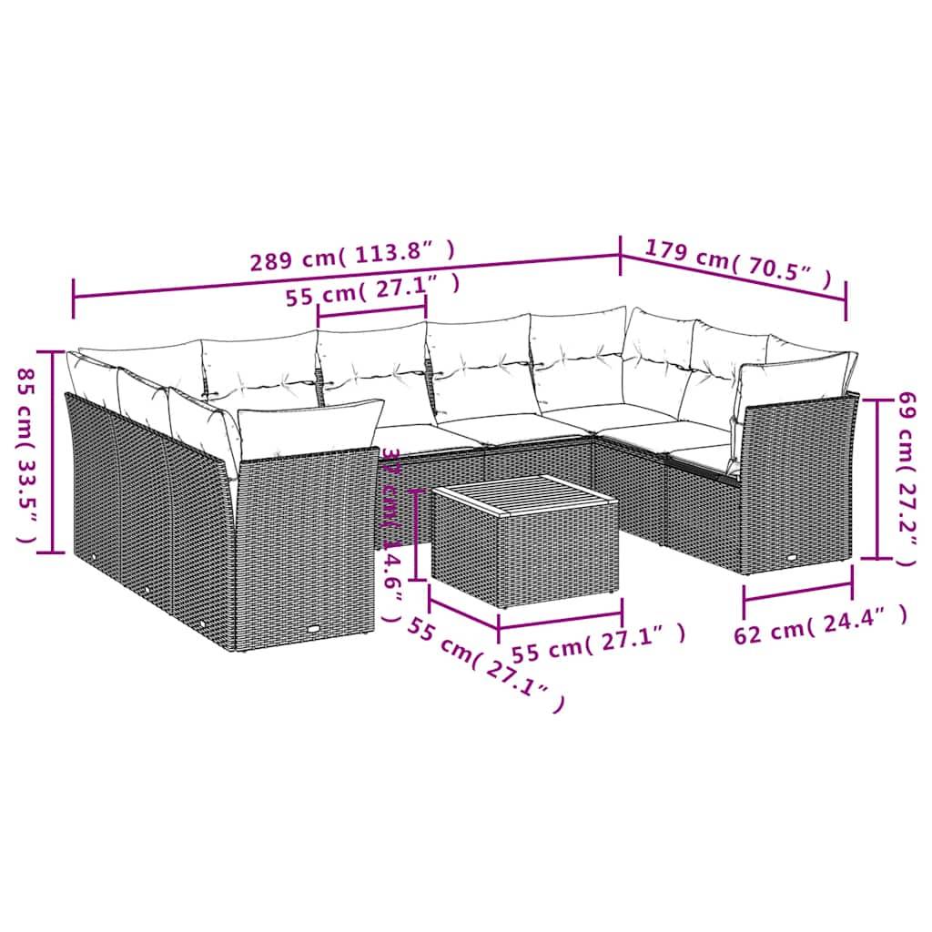 vidaXL 10-tlg. Garten-Sofagarnitur mit Kissen Grau Poly Rattan