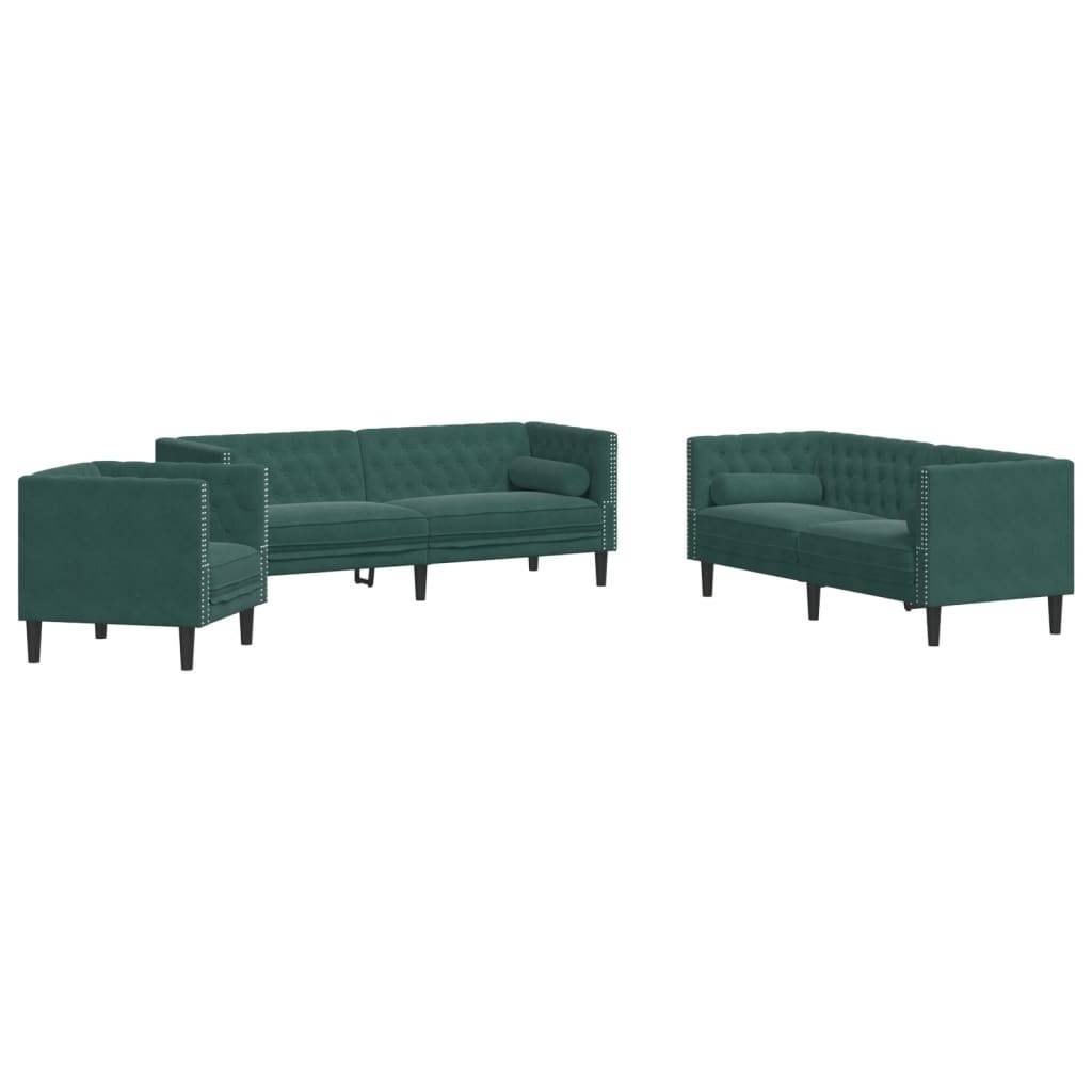 vidaXL 3-tlg. Chesterfield-Sofa-Set mit Nackenrollen Dunkelgrün Samt