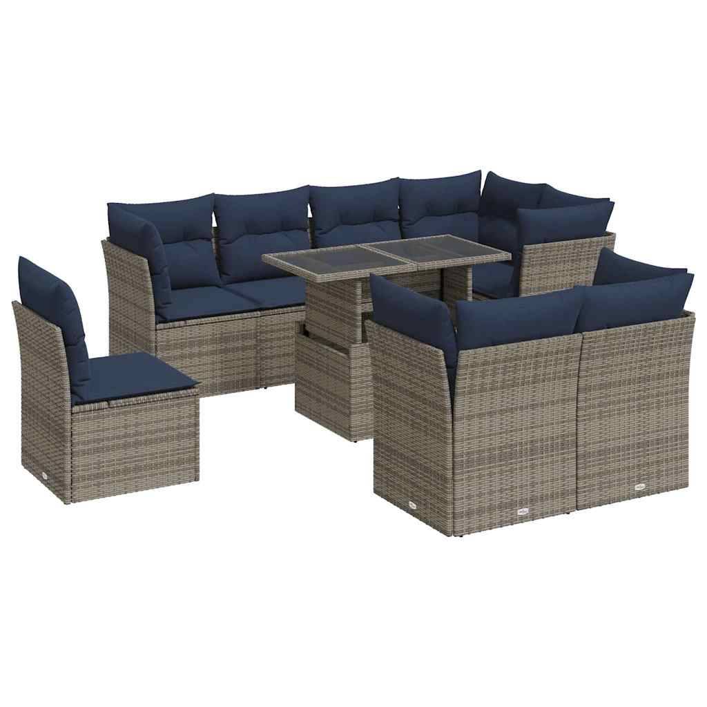 vidaXL 9-tlg. Garten-Sofagarnitur mit Kissen Grau Poly Rattan Akazie