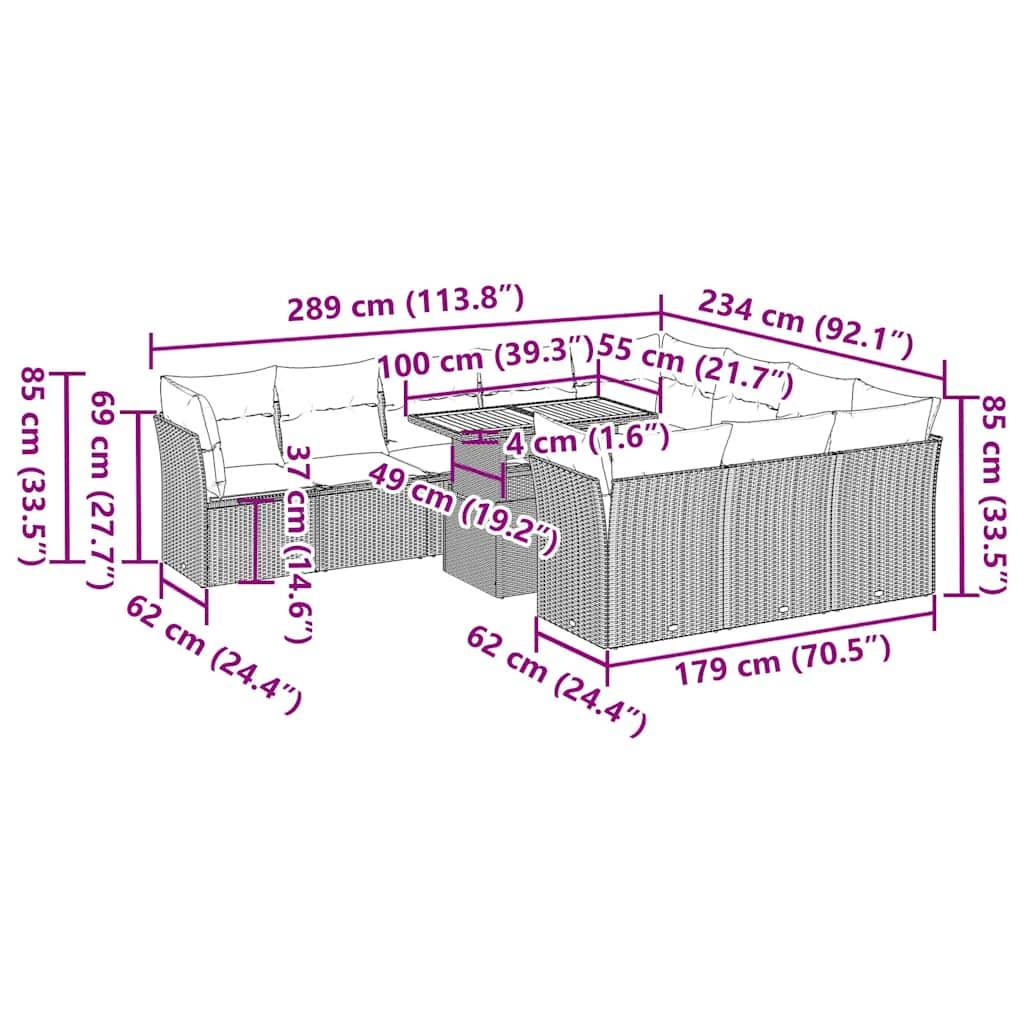 vidaXL 11-tlg. Garten-Sofagarnitur mit Kissen Grau Poly Rattan