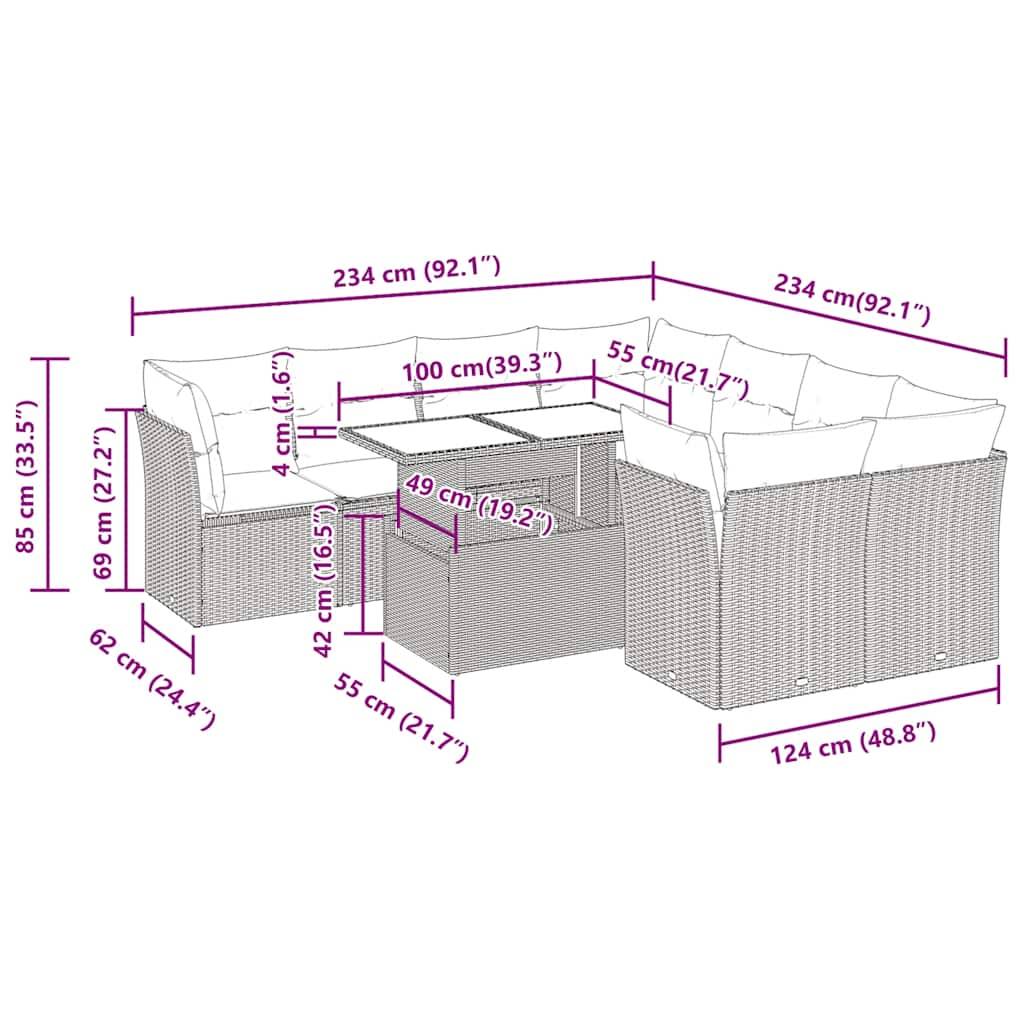 vidaXL 9-tlg. Garten-Sofagarnitur mit Kissen Braun Poly Rattan Akazie