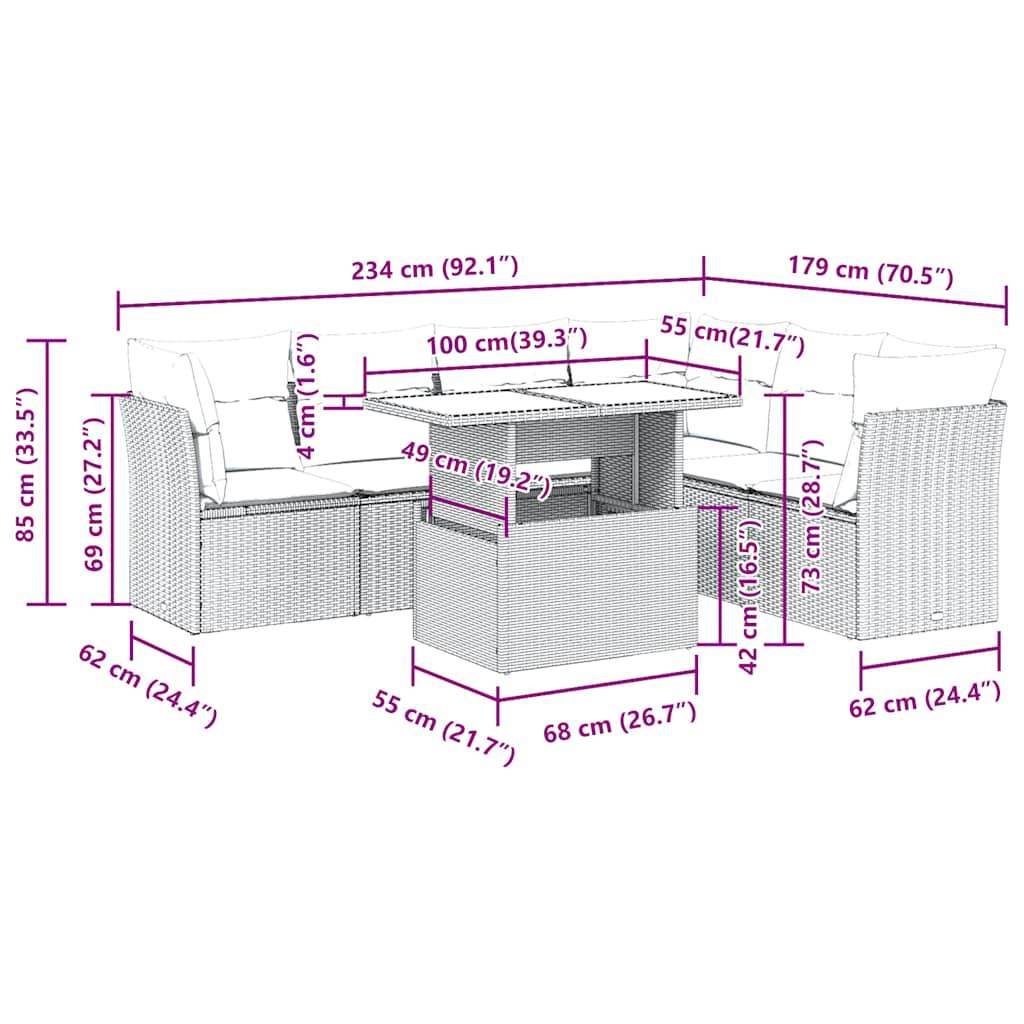 vidaXL 7-tlg. Garten-Sofagarnitur mit Kissen Schwarz Poly Rattan