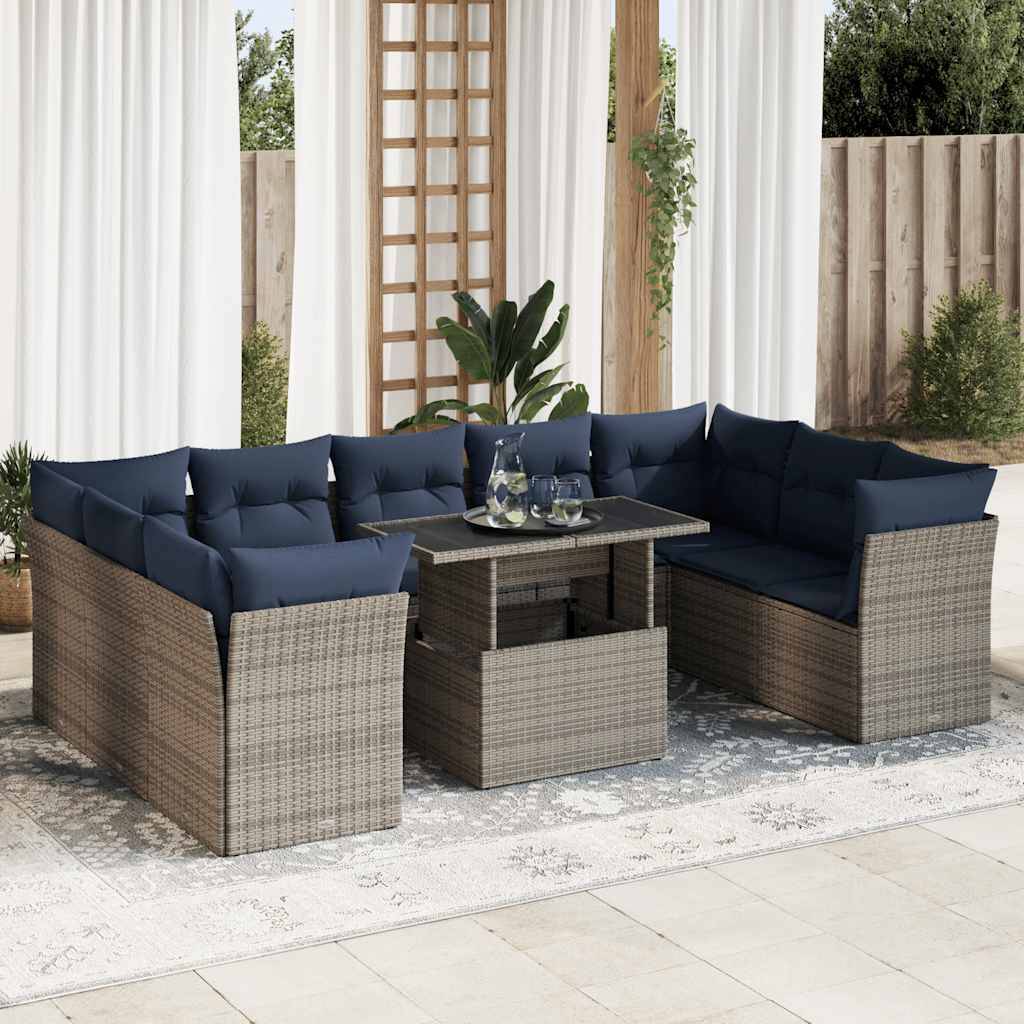 vidaXL 10-tlg. Garten-Sofagarnitur mit Kissen Grau Poly Rattan Akazie