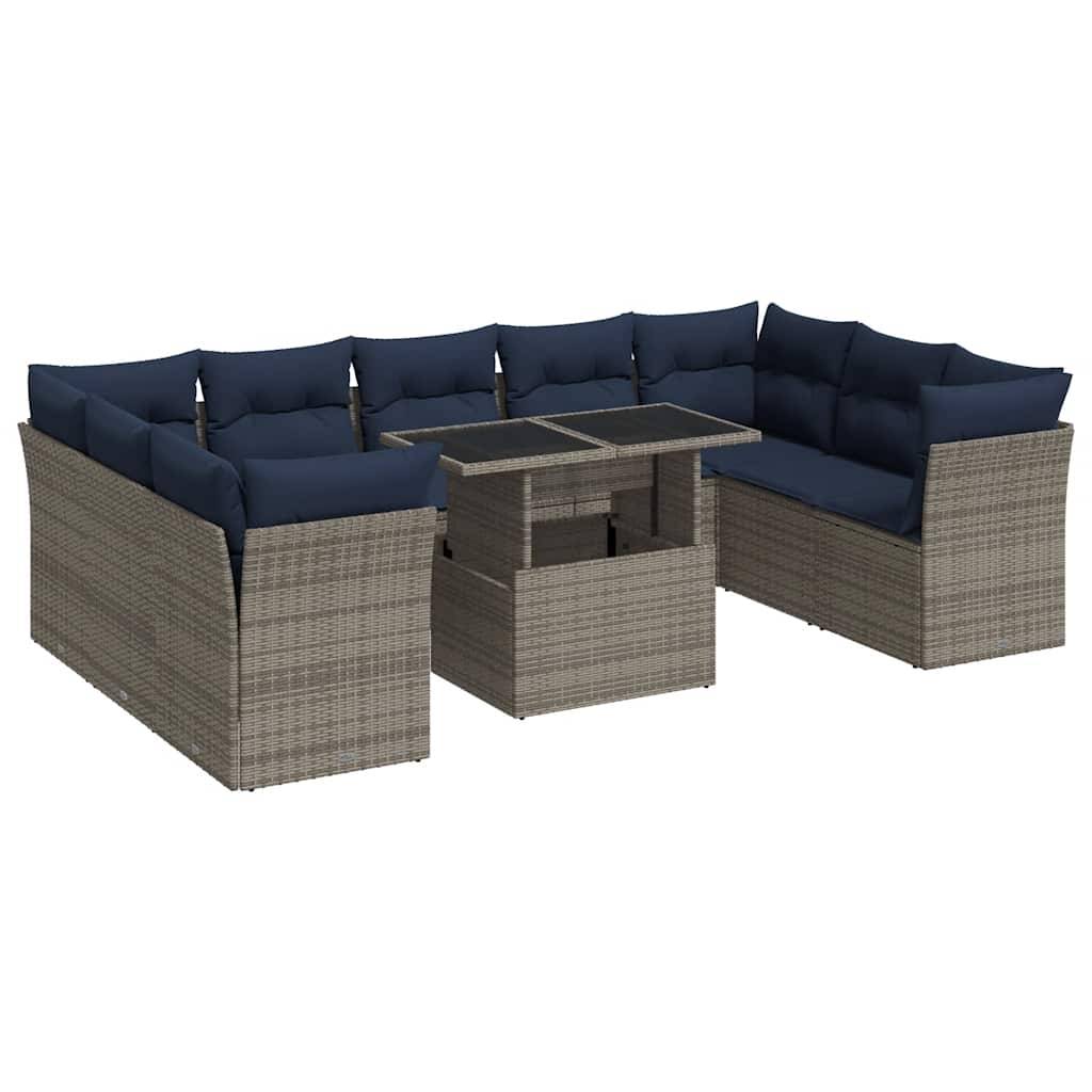 vidaXL 10-tlg. Garten-Sofagarnitur mit Kissen Grau Poly Rattan Akazie