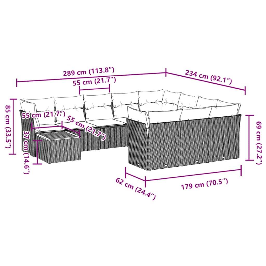 vidaXL 11-tlg. Garten-Sofagarnitur mit Kissen Grau Poly Rattan