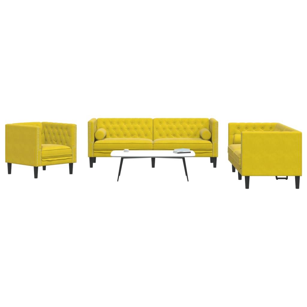 vidaXL 3-tlg. Chesterfield-Sofa-Set mit Nackenrollen Gelb Samt