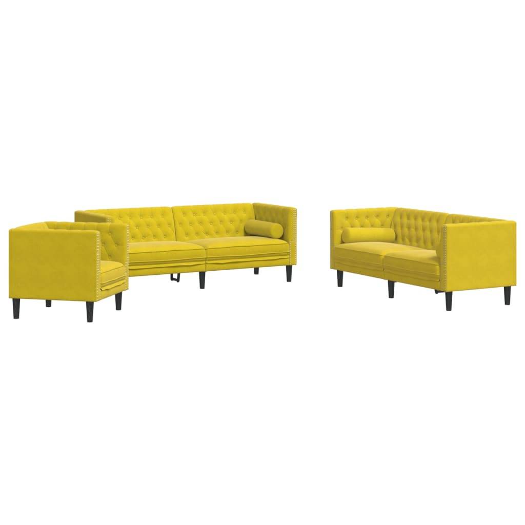 vidaXL 3-tlg. Chesterfield-Sofa-Set mit Nackenrollen Gelb Samt