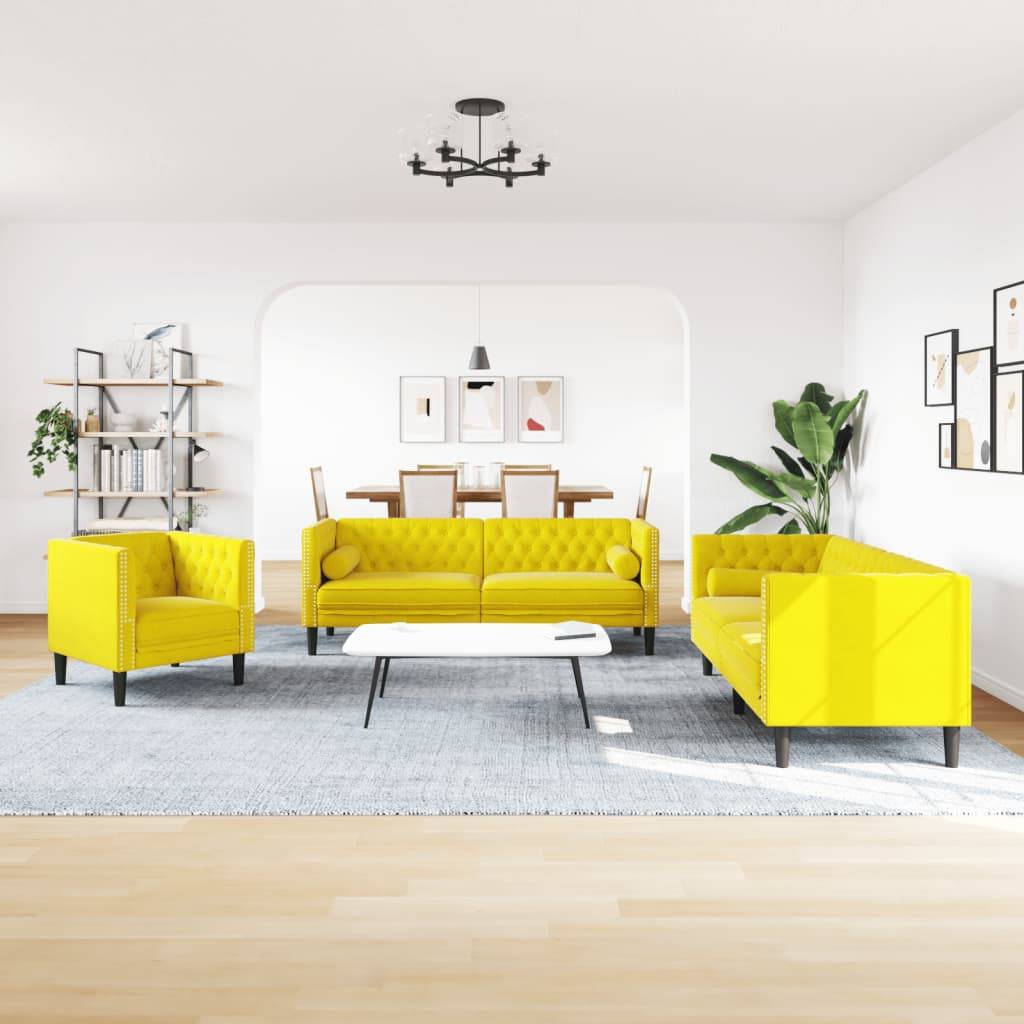 vidaXL 3-tlg. Chesterfield-Sofa-Set mit Nackenrollen Gelb Samt