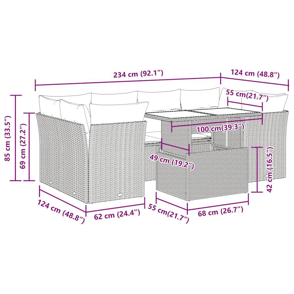 vidaXL 7-tlg. Garten-Sofagarnitur mit Kissen Braun Poly Rattan Akazie