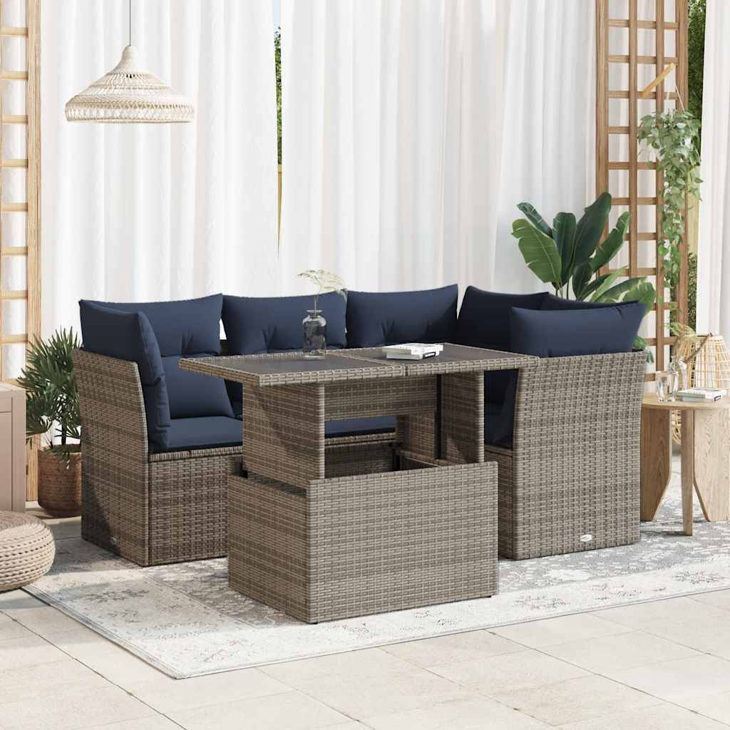 vidaXL 5-tlg. Garten-Sofagarnitur mit Kissen Grau Poly Rattan Akazie