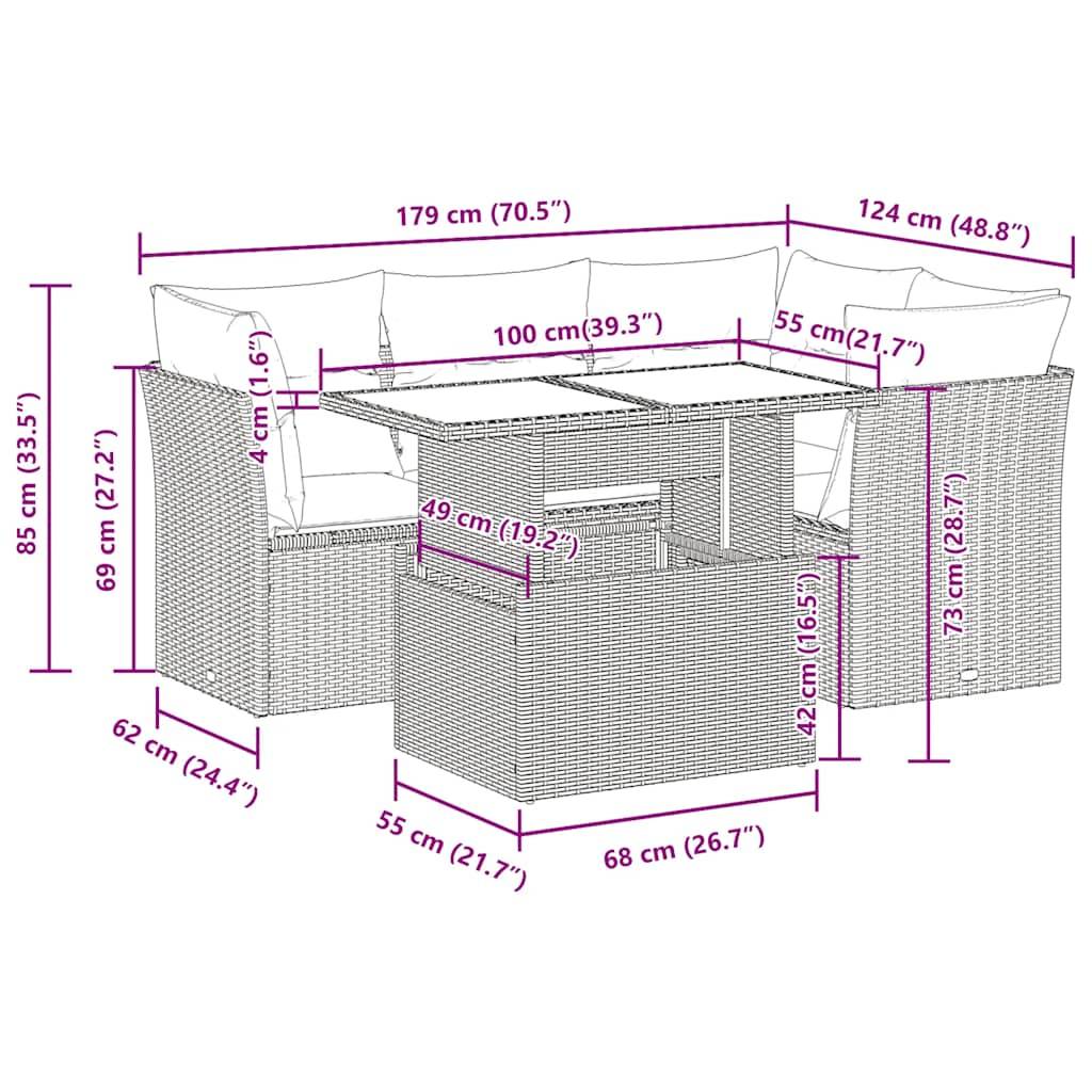 vidaXL 5-tlg. Garten-Sofagarnitur mit Kissen Grau Poly Rattan Akazie