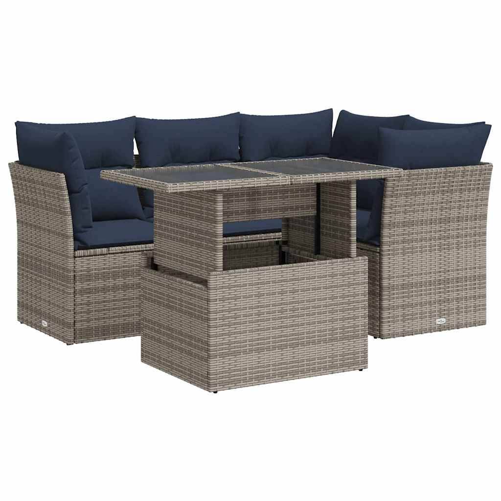 vidaXL 5-tlg. Garten-Sofagarnitur mit Kissen Grau Poly Rattan Akazie