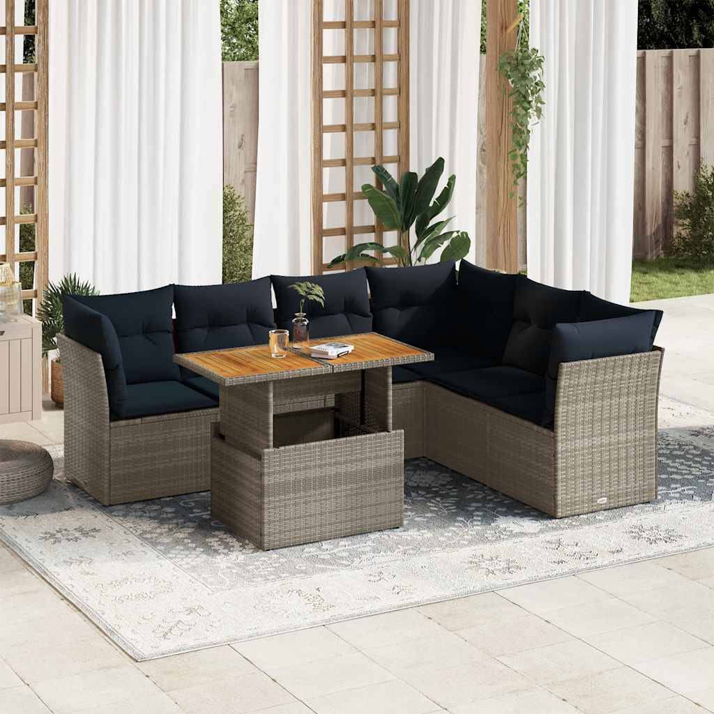 vidaXL 7-tlg. Garten-Sofagarnitur mit Kissen Grau Poly Rattan