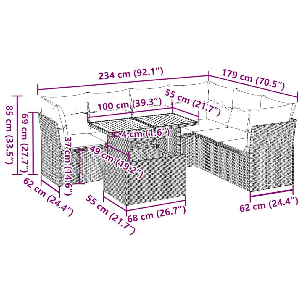 vidaXL 7-tlg. Garten-Sofagarnitur mit Kissen Grau Poly Rattan