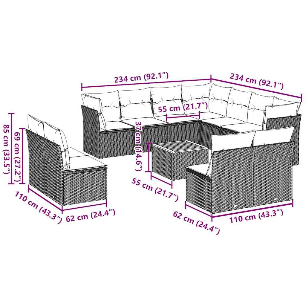 vidaXL 12-tlg. Garten-Sofagarnitur mit Kissen Grau Poly Rattan