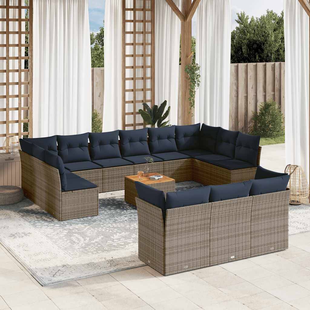 vidaXL 14-tlg. Garten-Sofagarnitur mit Kissen Grau Poly Rattan