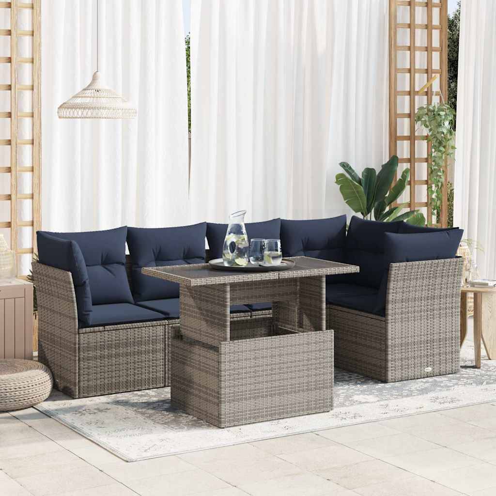 vidaXL 6-tlg. Garten-Sofagarnitur mit Kissen Grau Poly Rattan Akazie