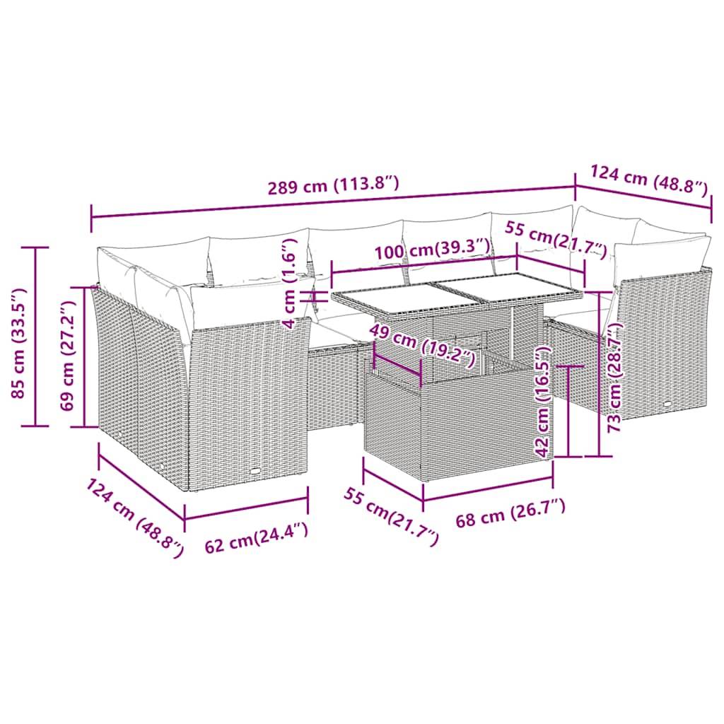 vidaXL 8-tlg. Garten-Sofagarnitur mit Kissen Grau Poly Rattan Akazie