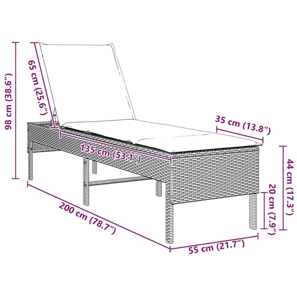 vidaXL Sonnenliege mit Auflage Grau 55x200x44 cm Poly Rattan