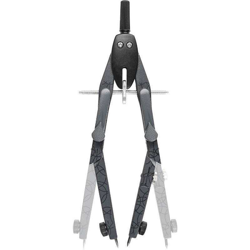 Ein Stahlzirkel mit verstellbaren Beinen, der zum Zeichnen von Kreisen oder Bögen in technischen Zeichnungen oder in der Geometrie verwendet wird.