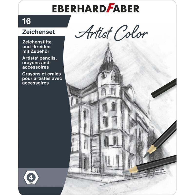 Eberhard Faber Artist Color' Set mit drei Buntstiften, der eine Skizze eines klassischen mehrstöckigen Gebäudes in Grautönen zeigt.