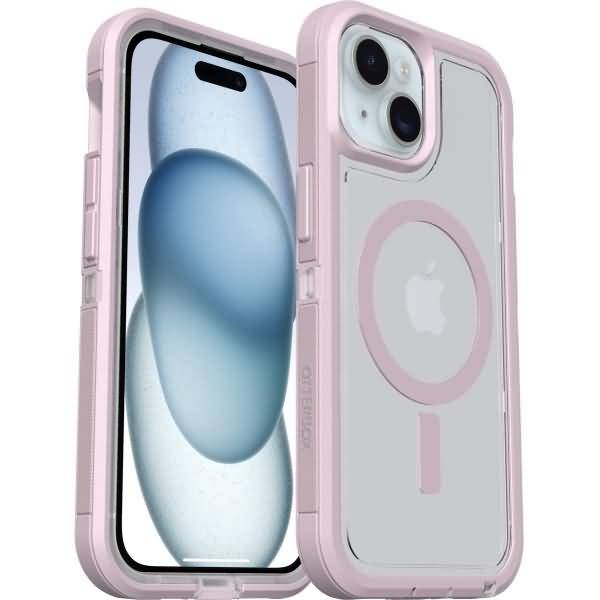 Zwei rosa iPhones von vorne und hinten gezeigt, eines zeigt ein blaues abstraktes Hintergrundbild und das andere eine durchsichtige MagSafe-ähnliche Hülle mit Apple-Logo.