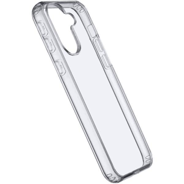 Transparente Smartphone-Schutzhülle in klarer Ausführung, in schrägem Winkel dargestellt, mit erhöhten Kanten und Ausschnitten für Kamera, Tasten und Anschlüsse.