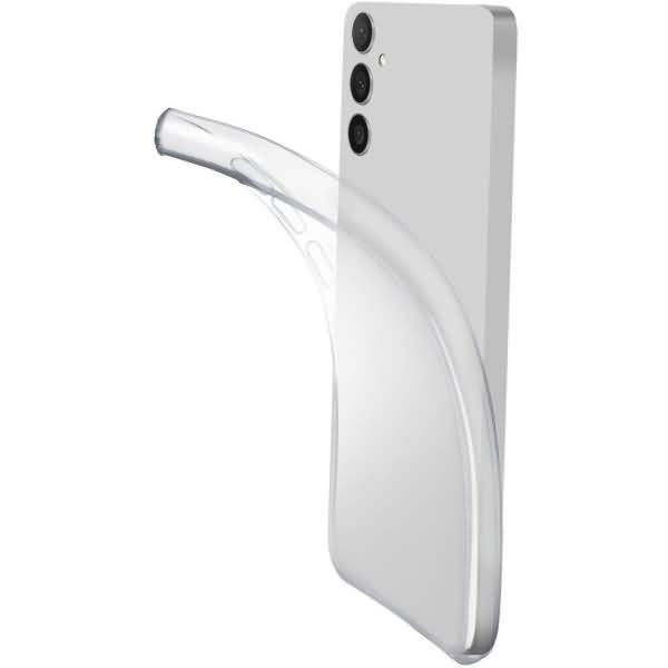 Weißes Smartphone in Profilansicht mit transparenter, gebogener Schutzhülle, die sich um das Gerät wickelt.