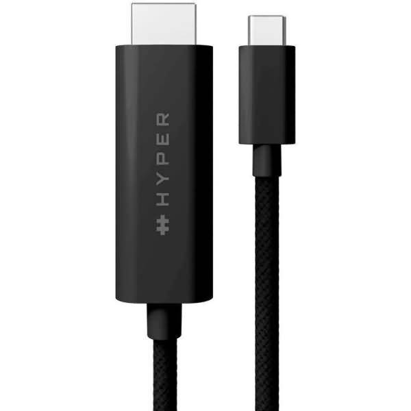 Schwarzes Hyper USB-C-Kabel mit zwei Anschlüssen, mit großem adapterähnlichem USB-C-Ende und kleinerem Standard-USB-C-Stecker.