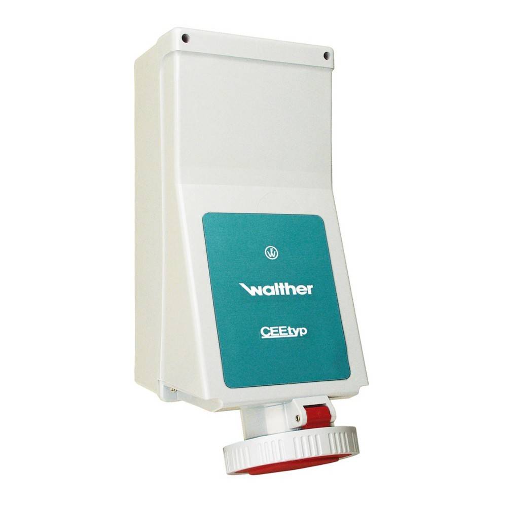 Weiße elektrische Unterputzdose mit Aufschrift ‚Walther CEEtyp' mit einer roten Steckdose, senkrecht montiert. Verwendet zum Anschluss elektrischer Geräte.