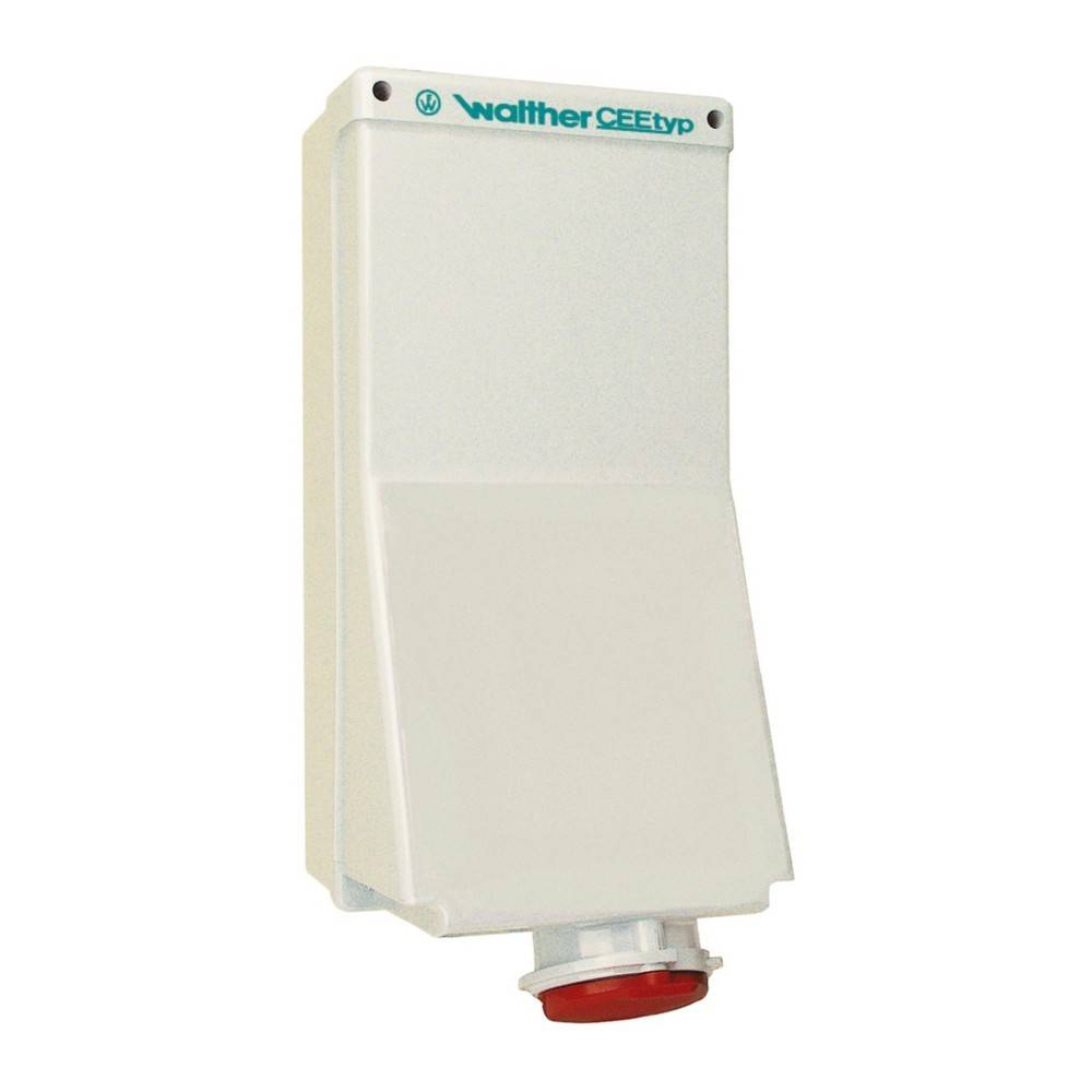 Ein weißes Walther CEEtyp Elektrogehäuse mit einem roten kreisförmigen Anschlussport am unteren Ende, das für industrielle Stromanschlüsse verwendet wird.